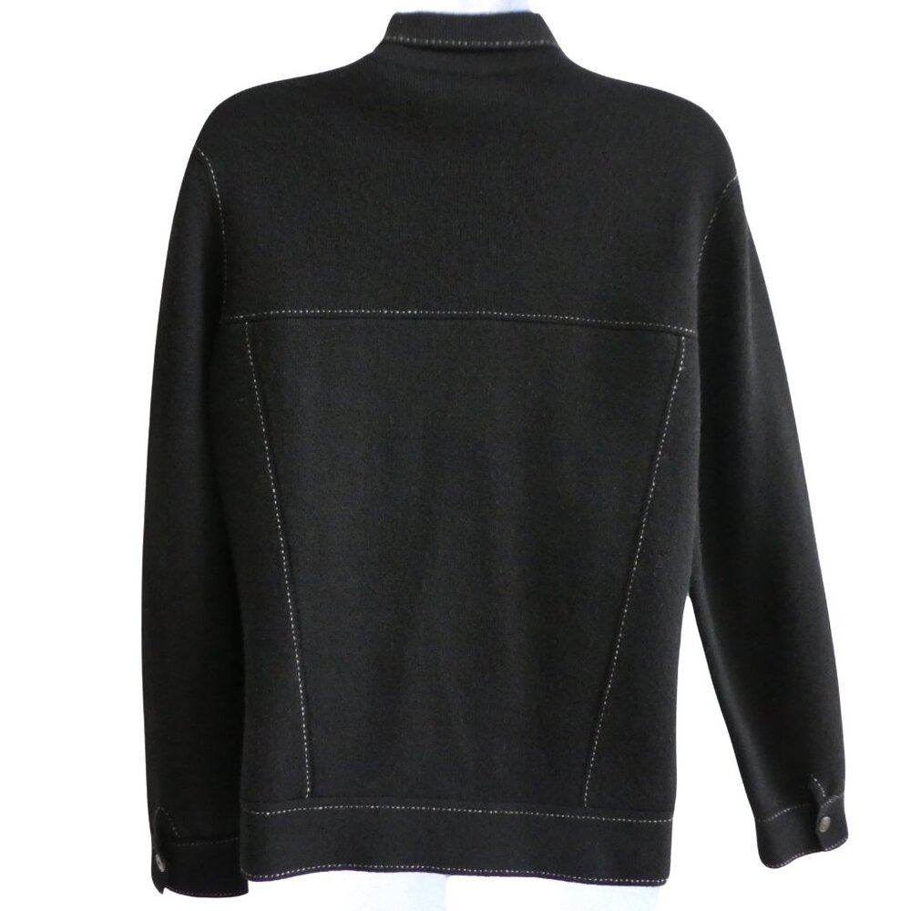 CaSHMeRe Neiman Marcus Black Shacket Cardigan White Top Stitch Flapped Pockets M - Picture 3 of 8
